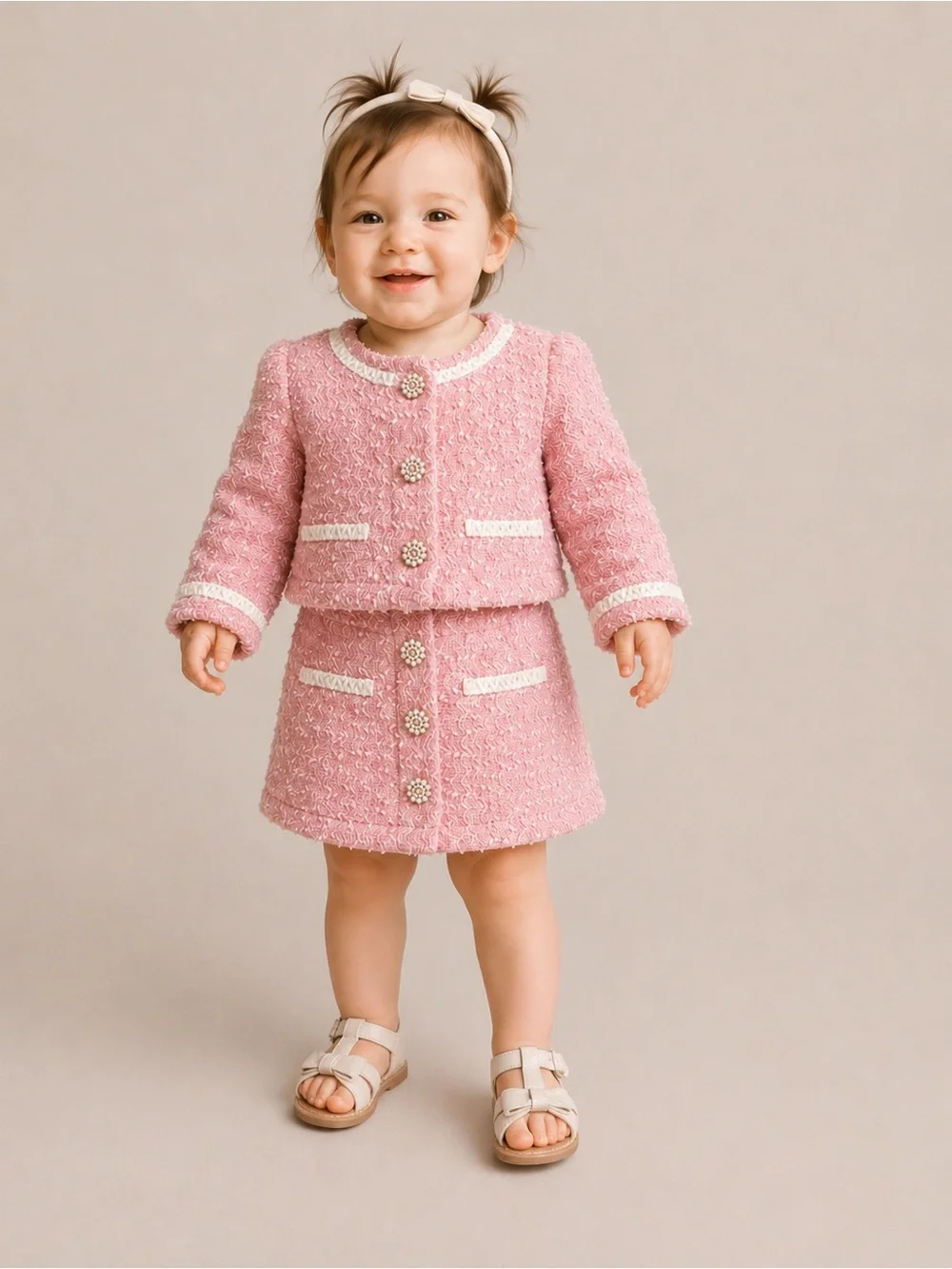 Le Chic Girls Size 2 Pink Tweed Skirt Suit Set Pearl Buttons Elle Woods